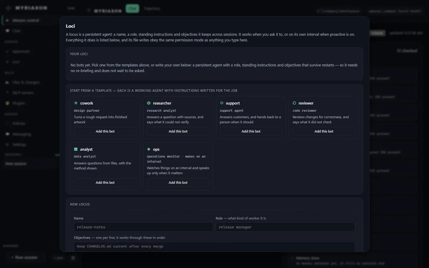 The always-on agents panel: a description of a persistent agent, and six ready-made templates for research, support, code review, data analysis, operations monitoring and design.
