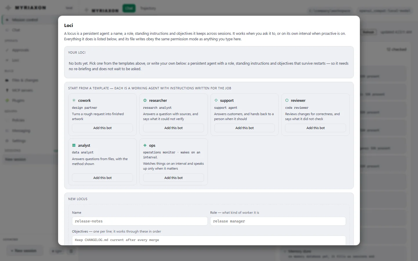 The always-on agents panel in the light theme: a description of a persistent agent, and six ready-made templates for research, support, code review, data analysis, operations monitoring and design.