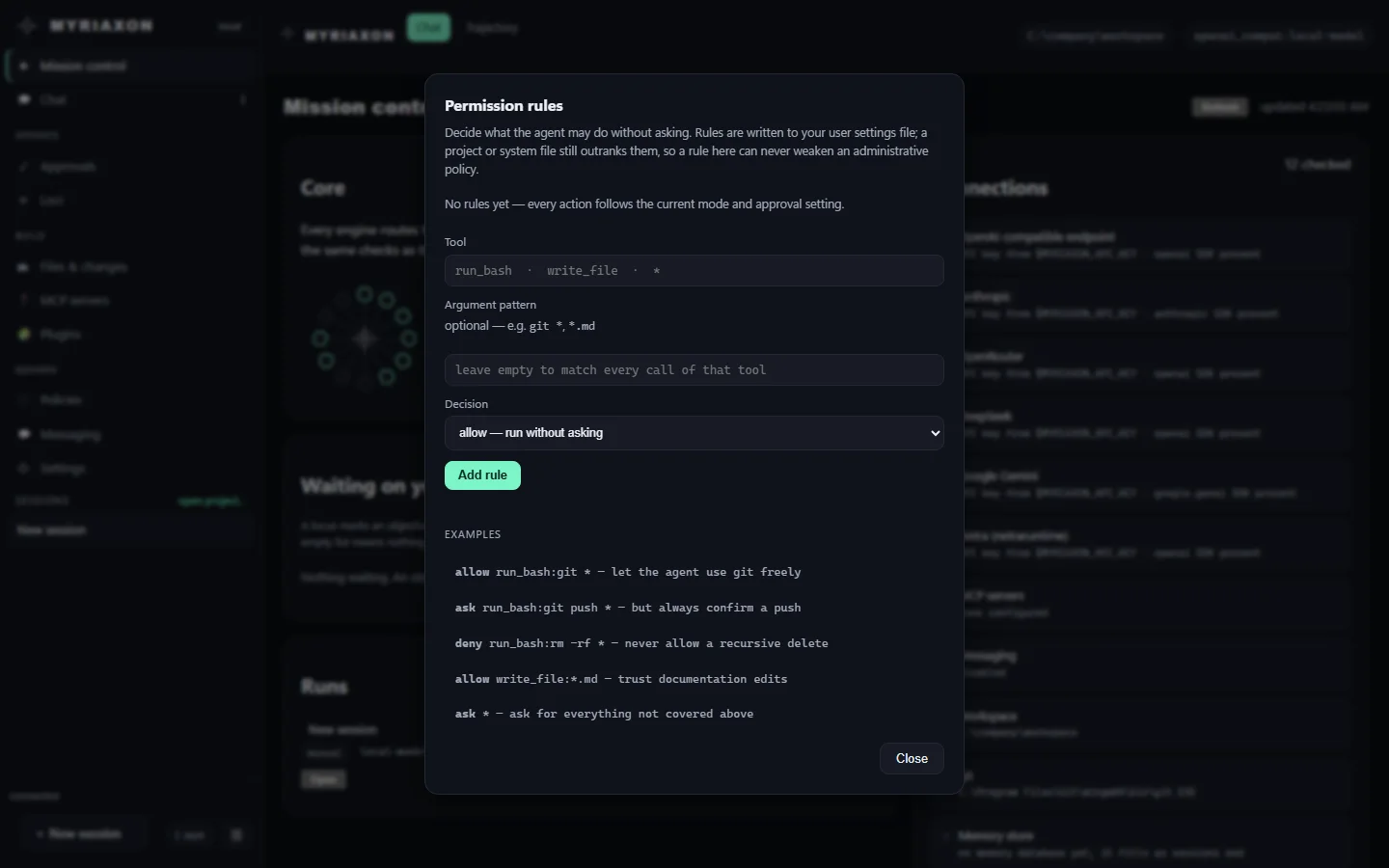 The permission rules panel: choose a tool, an optional argument pattern and a decision of allow, ask or deny, with examples such as asking before a git push and never allowing a recursive delete.