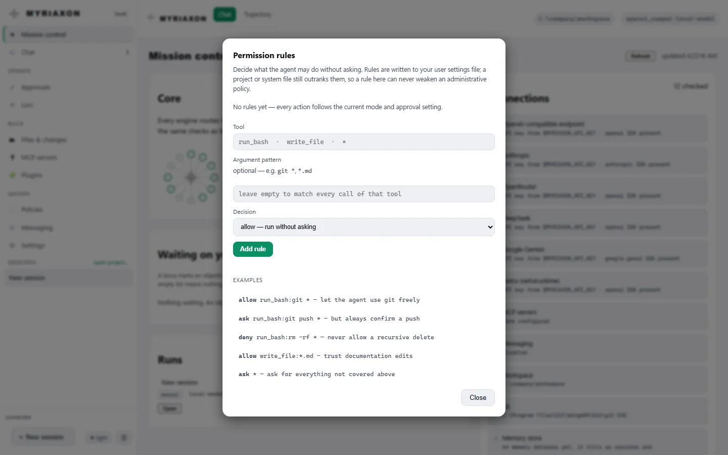 The permission rules panel in the light theme: choose a tool, an optional argument pattern and a decision of allow, ask or deny, with examples such as asking before a git push and never allowing a recursive delete.